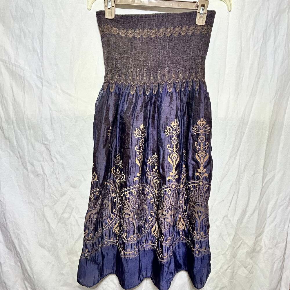 J Gee Shimmer Boho Chic Maxi Dress Smocked Top Embroidered Skirt Petite OSFA